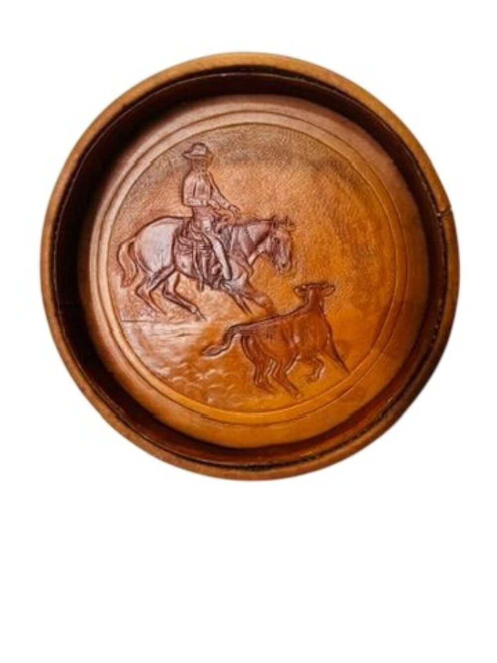 Vintage UNIQUE Western-Style etched leather dish